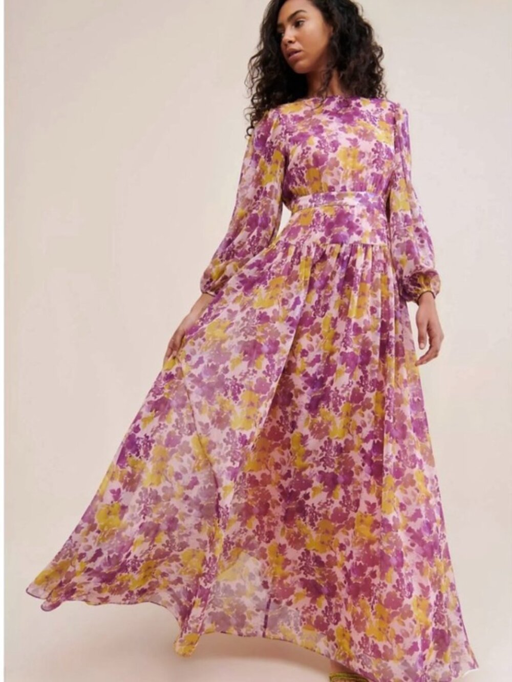 LDT Open Back Goddess Gown Floral Maxi Dress Size 10 Deep V-Back